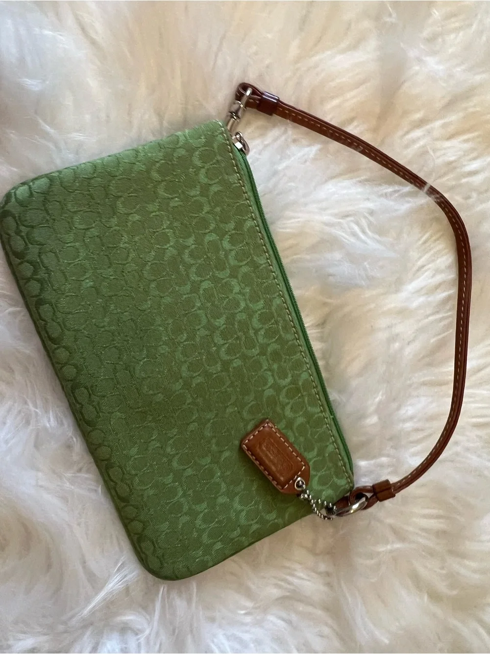 Coach Green Wristlet Phone Case with Brown Leather Trim